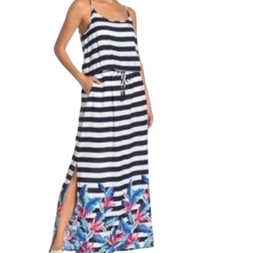 NEW Tommy Bahama Striped Floral Tasseled Nautical Maxi Dress Resort Preppy